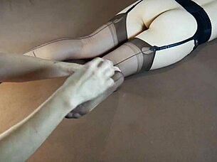 Horny milf moans during soles massage in nylon stockings with tickling fetish