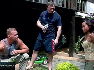 Gorgeous Oriental Brunette Takes Double Penetration Outdoors in Garden with Swollen Pussy Licking and Cum in Mouth