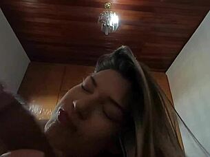 In the bedroom, naughty blonde wets her pink pussy on skinny dick.