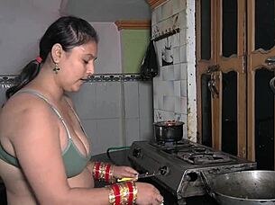 I was cooking in the kitchen when I licked her big tits and deepthroated that monster cock