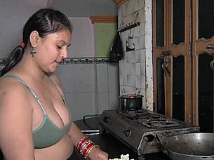 I was cooking in the kitchen when I licked her big tits and deepthroated that monster cock