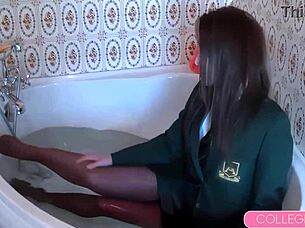 Close-Up Pussy Massage on Naked Maid Followed by Fucking and Mouth Creampie