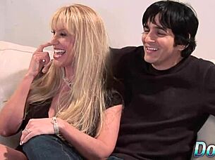 Blonde milf fucks old man as young cuck watches