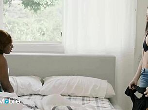 adultmobile - hot babes wake up together, not sure if they hooked up, but they quickly start kissing