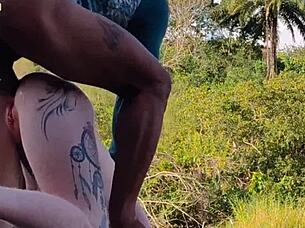 outdoor gangbang with three monster cocks, bisexual pornstar takes it all in nature