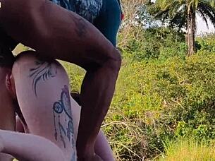 outdoor gangbang with three monster cocks, bisexual pornstar takes it all in nature