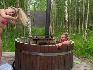 outdoor sex in a hot bath with a cute blonde, so steamy!