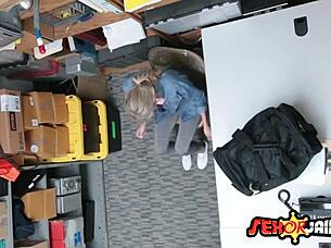 Blonde bitch forced to fuck hairy security guard after shop theft