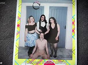 Slave undergoes headshave while naked in group femdom scene with shaved pussy and piercings