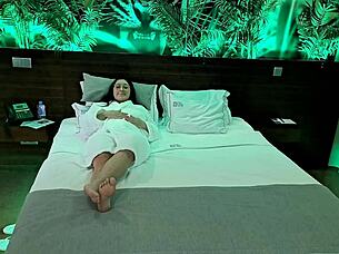 latina milf invites chubby handyman to oil her body and make her squirt in the hotel