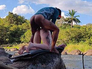 outdoor gangbang with three monster cocks, bisexual pornstar takes it all in nature
