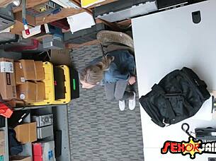 Blonde bitch forced to fuck hairy security guard after shop theft