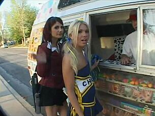 two sexy cheerleaders share a big hard cock