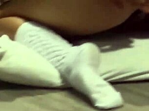 pervert surprises curvy girl in school uniform. she pleasures herself to a big spill on the floor