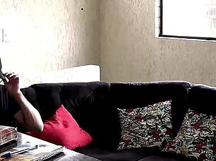 My college friend studying at home in lingerie.