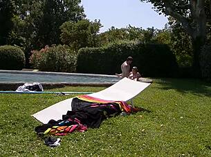 Busty redhead MILF Lola Fauve swallows pool boy's cock