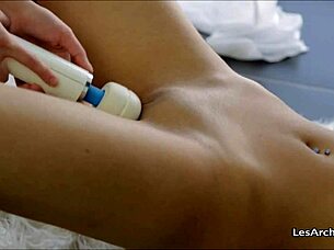 Two lesbian girlfriend vibrating dildo masturbation