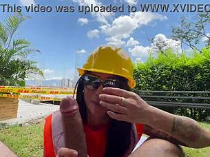 Prostitute masturbates her ass with a hammer in public, craving a monster cock.