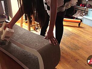 French maid vacuums house in stockings showing upskirt