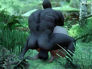 busty whore gets gangbanged by huge black cocks in the forest 3d