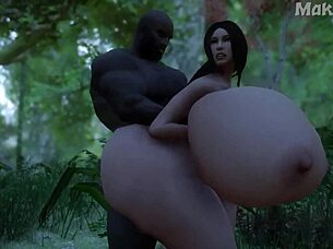 busty whore gets gangbanged by huge black cocks in the forest 3d