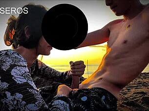 Stranger gives blowjob on public beach