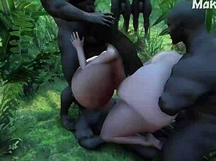 busty whore gets gangbanged by huge black cocks in the forest 3d