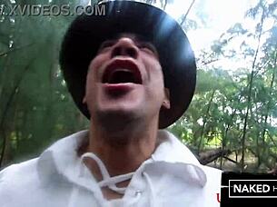 Thick booty ebony and ivory baddies slurping on a cock outside in the florida woods