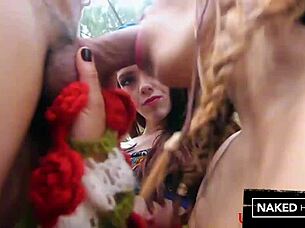 Thick booty ebony and ivory baddies slurping on a cock outside in the florida woods