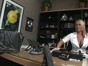 Mature stepmom seduces coworker with big tits at work.