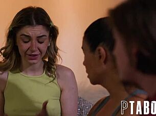 hey, watching a horror movie with the stepfamily turned into wild intimacy between siblings and mom