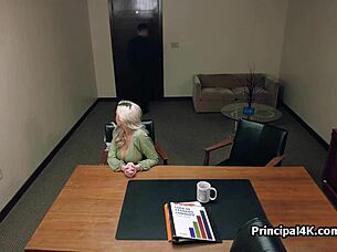 housewife in the principal's office getting throated and titty fucked.