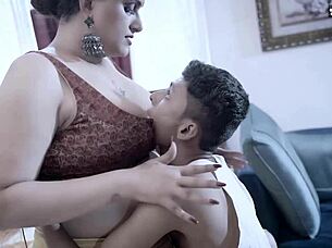 Desi MILF House Owner's Hardcore Sex with Two Male Servants