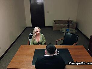 housewife in the principal's office getting throated and titty fucked.