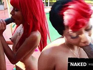 Pool fun with two ebony baddies sharing big black cocks.