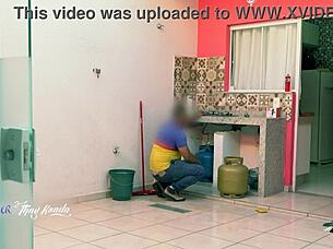 hot latina wife steps out of shower in nightgown to flash delivery boy