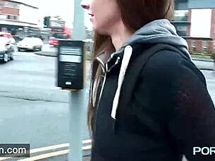 Horny skinny brunette Leyla exposes shaved pussy in lingerie during public outing