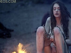 Fantasy baremaidens at the campfire involving solo masturbation and outdoor cum