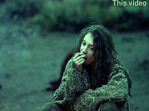 Fantasy baremaidens at the campfire involving solo masturbation and outdoor cum