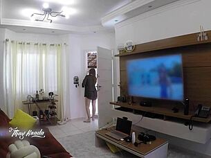 hot latina wife steps out of shower in nightgown to flash delivery boy