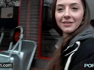 Horny skinny brunette Leyla exposes shaved pussy in lingerie during public outing