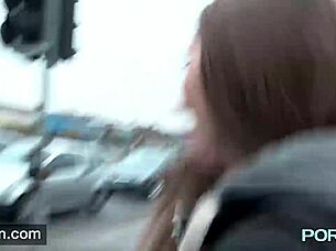 Horny skinny brunette Leyla exposes shaved pussy in lingerie during public outing