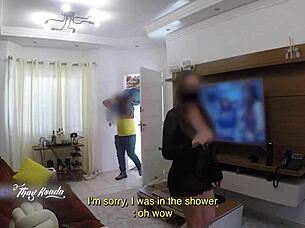 hot latina wife steps out of shower in nightgown to flash delivery boy