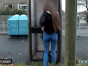 Horny skinny brunette Leyla exposes shaved pussy in lingerie during public outing