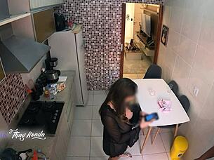 hot latina wife steps out of shower in nightgown to flash delivery boy