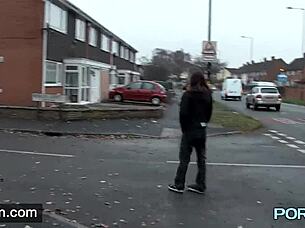 Horny skinny brunette Leyla exposes shaved pussy in lingerie during public outing