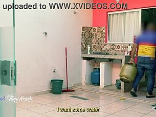 hot latina wife steps out of shower in nightgown to flash delivery boy