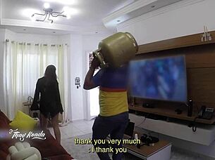 hot latina wife steps out of shower in nightgown to flash delivery boy