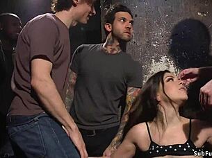 Hairy pussy brunette slave endures intense double penetration in bondage