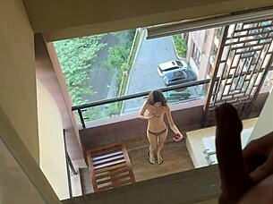 neighbor peeps at me naked on balcony and i offer anal sex!
